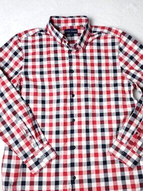 Five Four Button Shirt Mens L Large Red Long Sleeve Cotton Checkered Plaid Crew